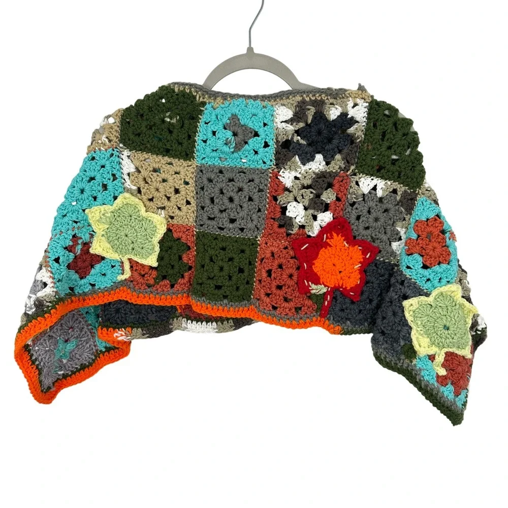 Vintage Kids Crochet Granny Square Jacket Poncho Sweater Boho Autumn Leaves